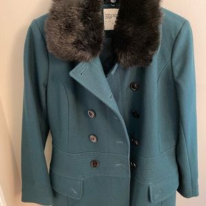 Esprit Wool Blend Pea Coat w/Faux Fur Collar